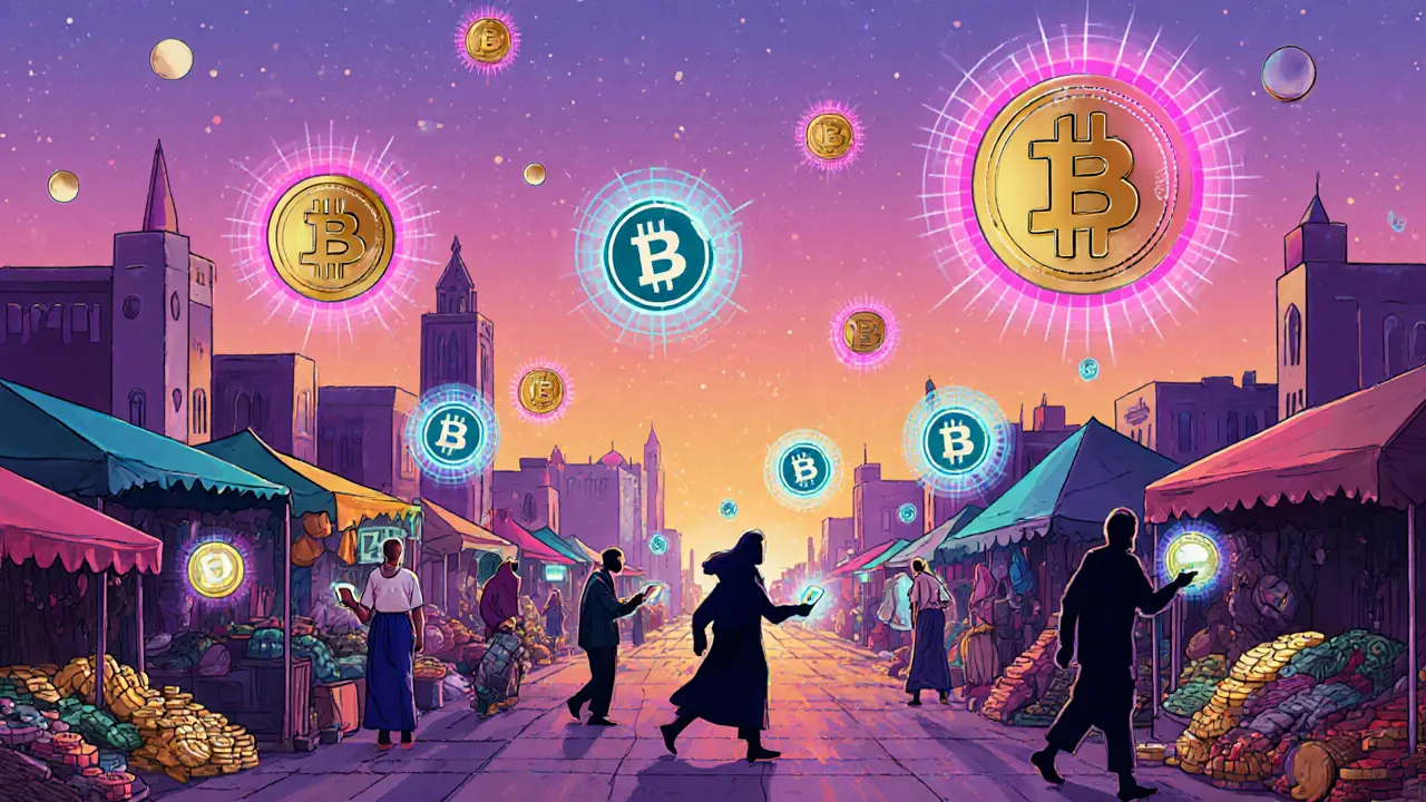 A futuristic Moroccan city where citizens use e-Dirham tokens, while illegal crypto transfers are blocked by invisible force fields.