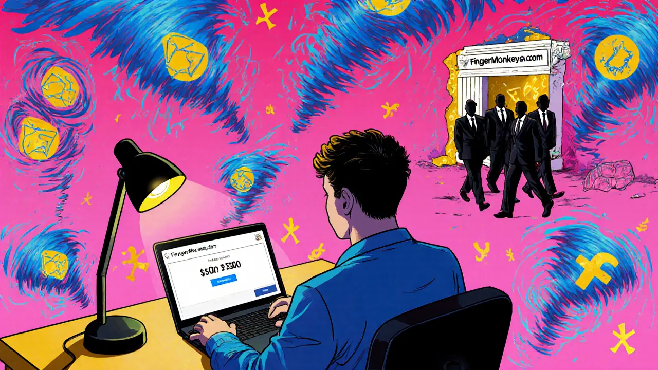 A gamer stares at a tiny payout as gas fees swirl around them, while a crumbling FingerMonkeys website fades in the distance.