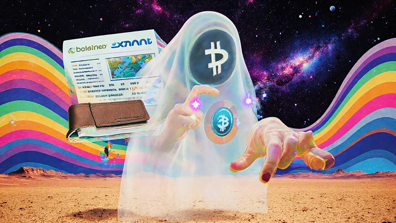 A ghostly exchange hovers over a digital desert with one wallet reaching for a flickering trade.