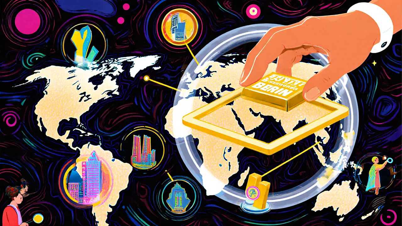 A global map with tokenized assets connected by glowing paths under a legal framework in Peter Max style.