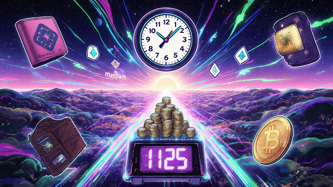 A glowing NFT minting station surrounded by wallets and TAUR tokens, with a countdown clock and future blockchains emerging in vibrant colors.