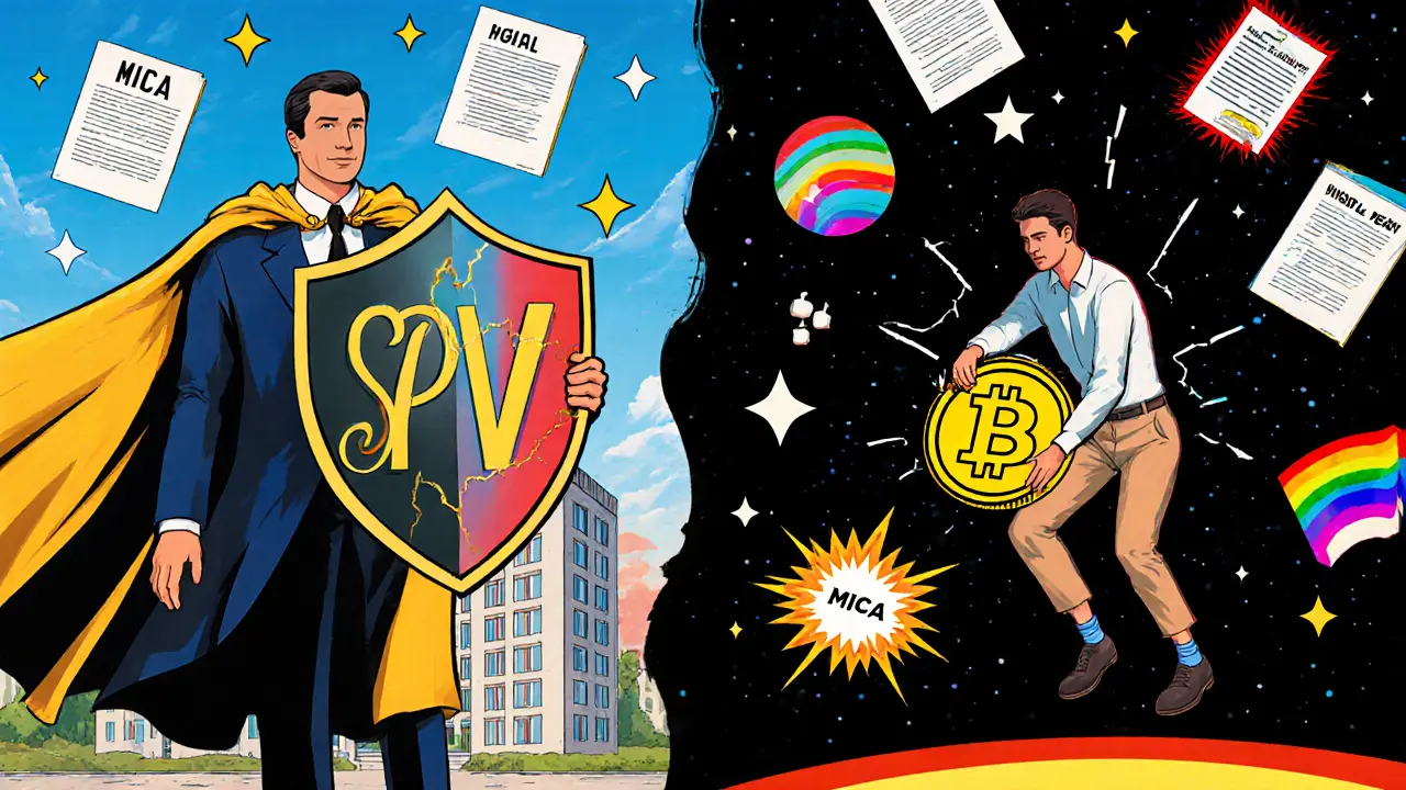 A lawyer protects a building with an SPV shield while a developer&#039;s token crumbles into darkness.