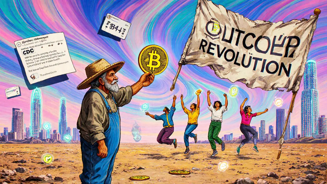 A lonely farmer holds a Bitcoin token as urban users celebrate nearby, with fading digital notifications and stable CBDC towers in the distance.