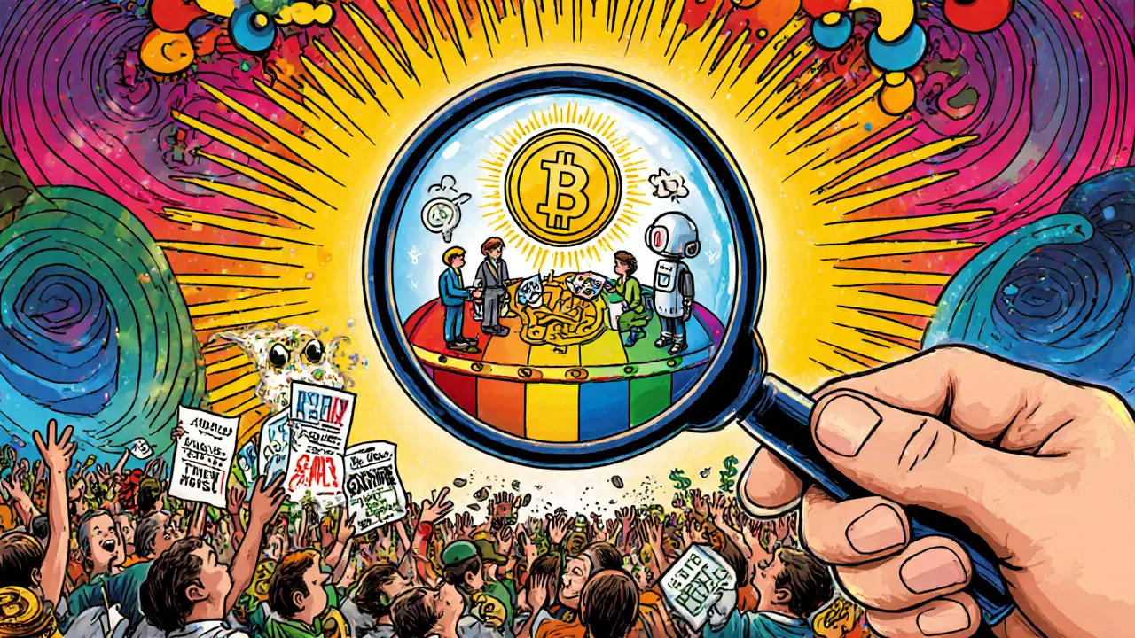 A magnifying glass revealing a tiny DeFi world with ROSX at its center, while fake airdrops crumble outside.