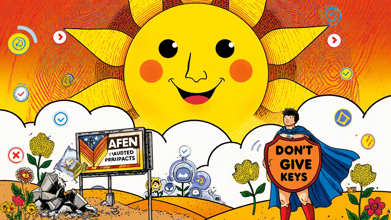 A peaceful scene of verified crypto projects blooming under a smiling sun, while a crumbling AFEN billboard falls apart.