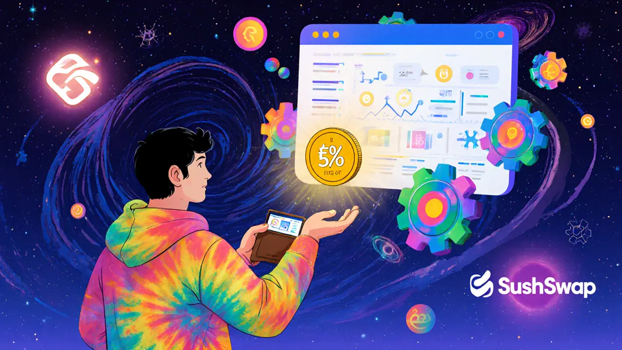 A person connecting a wallet to a glowing ShapeShift interface, with a FOX token emitting a discount sunbeam in a cosmic setting.