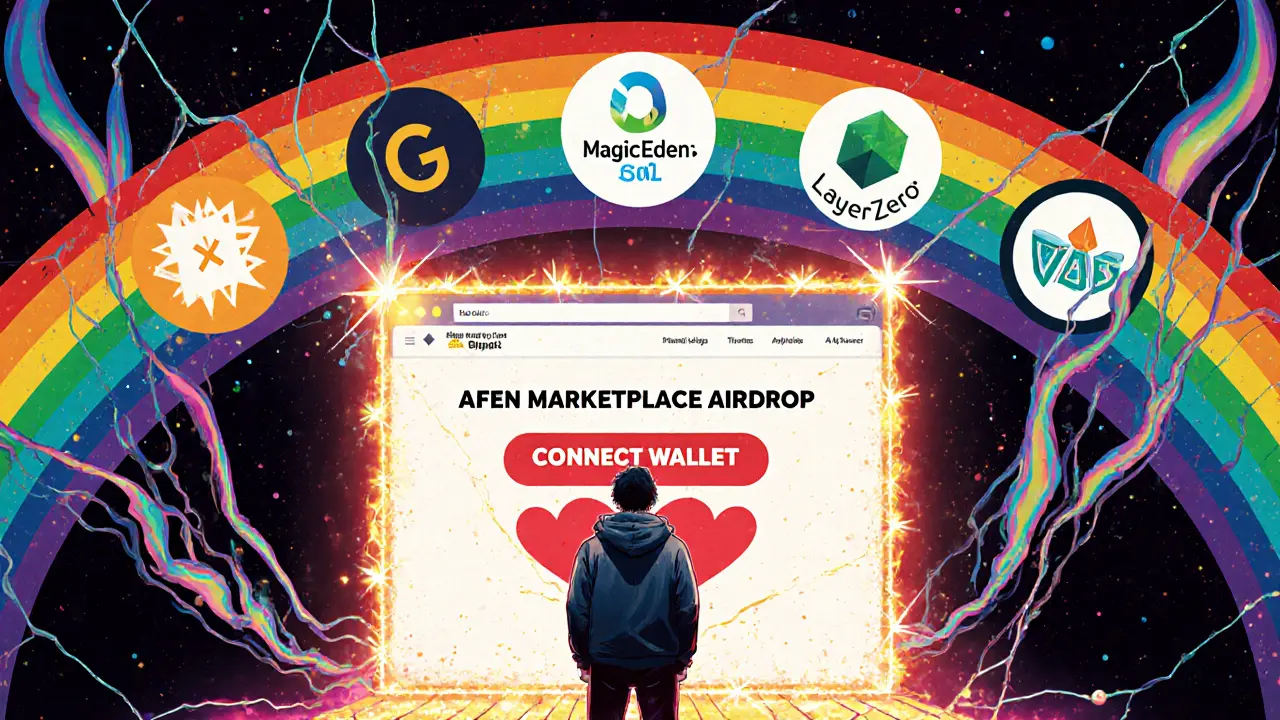 A person hesitating before a fake AFEN airdrop portal as their crypto assets vanish into darkness, with real projects shining above.