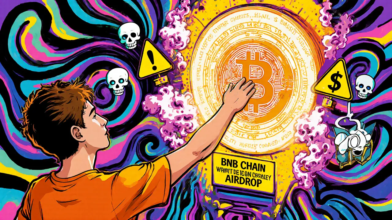 A person reaches for a fake airdrop portal while a real blockchain community glows safely behind them in vibrant pop-art style.