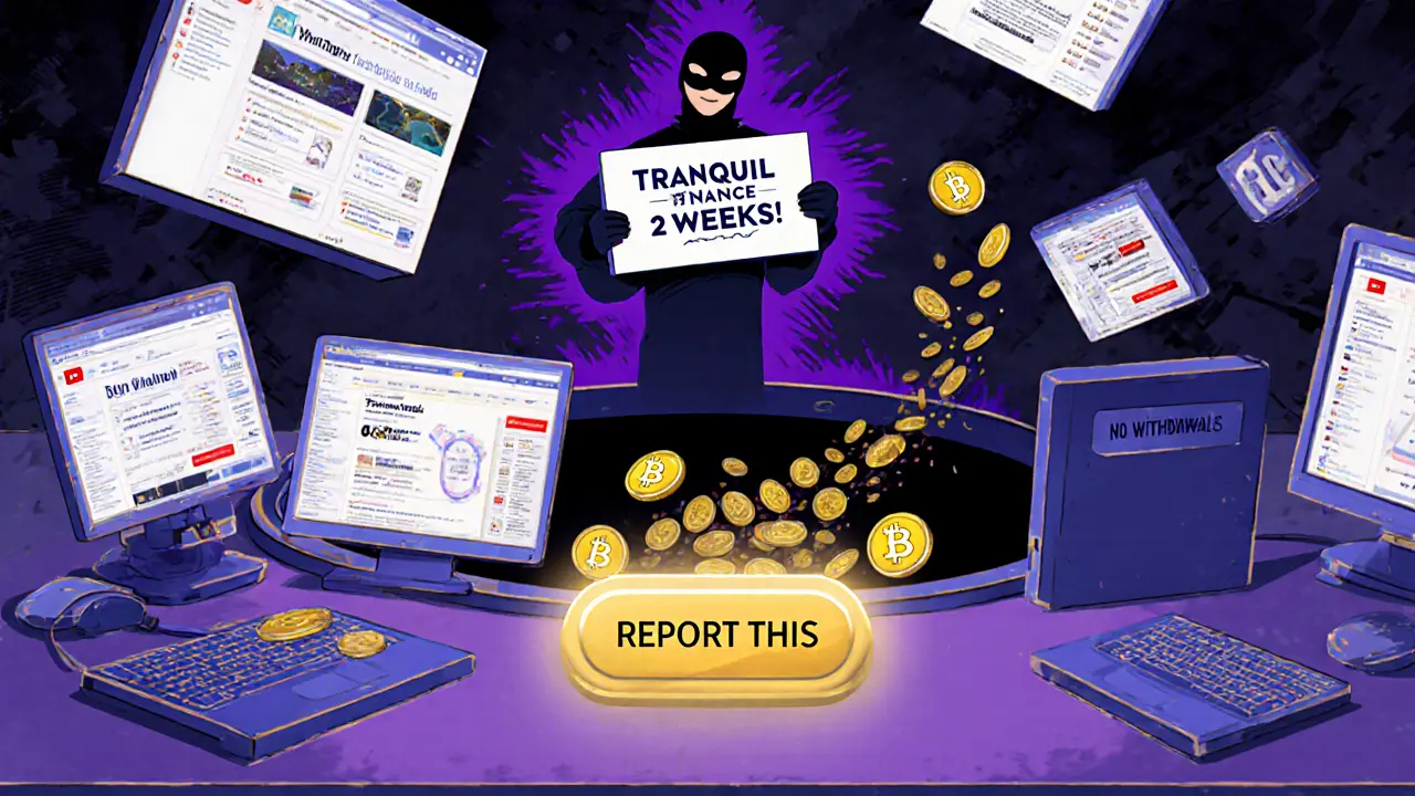A scammer’s lair with fake ads and disappearing coins, while a glowing &#039;REPORT THIS&#039; button pulses with hope.