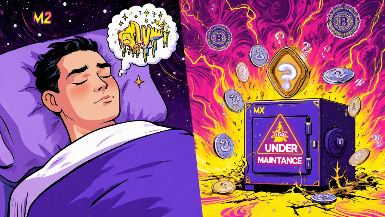 A split dream scene: one side peaceful crypto growth, the other a panicked user facing a maintenance error.