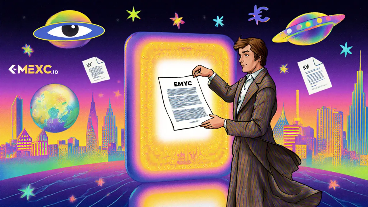 A stylized investor placing a property deed into a glowing EMYC portal with digital KYC icons floating around in rainbow hues.