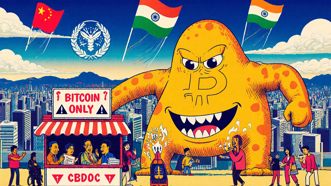 A surreal city scene where merchants are overwhelmed by a giant Bitcoin monster while CBDCs rise peacefully in the background.