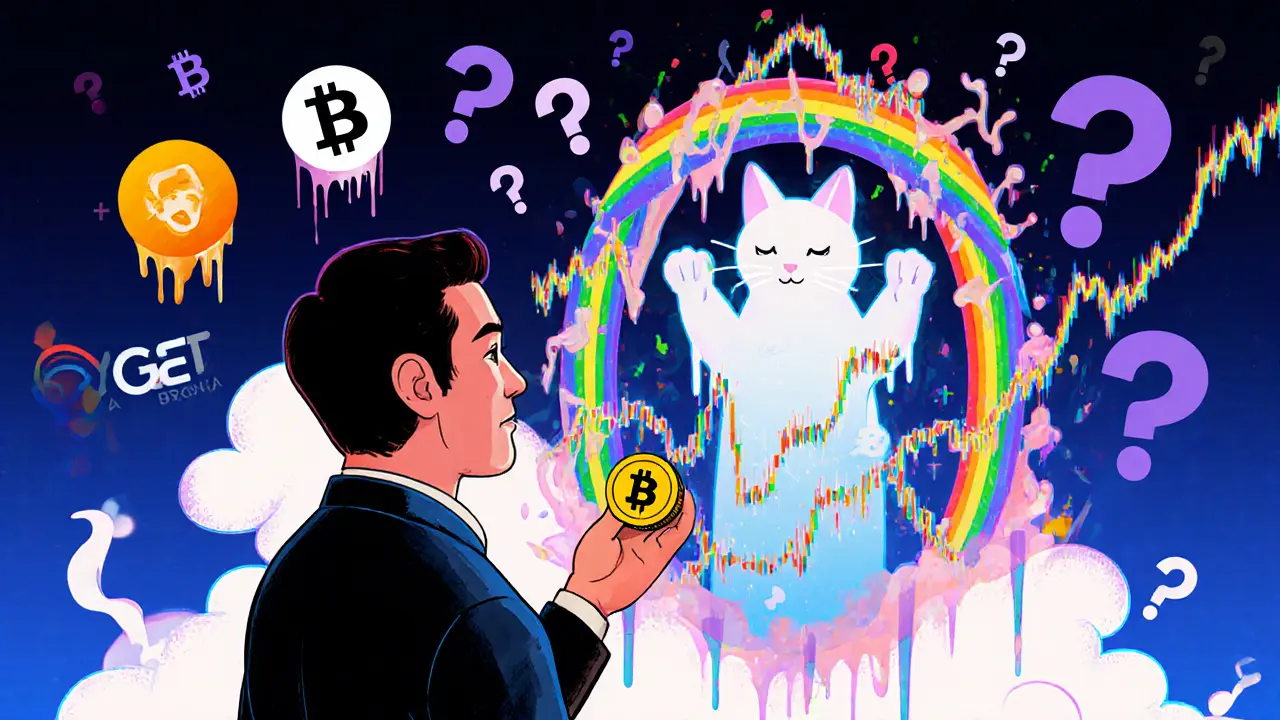 A trader stares at a holographic cat in a blockchain portal, surrounded by melting price charts and question marks.
