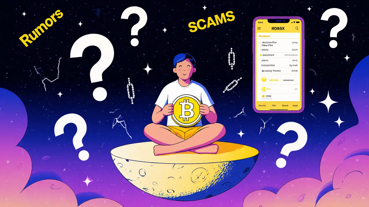 A user holding a ROSX token on a moon platform, surrounded by fading rumors and glowing app features.