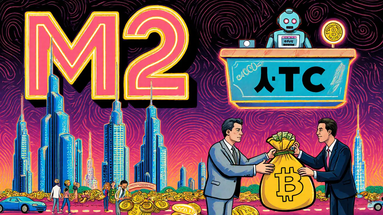 A vibrant Middle Eastern city with crypto-shaped buildings and people trading digital coins for Dirhams.