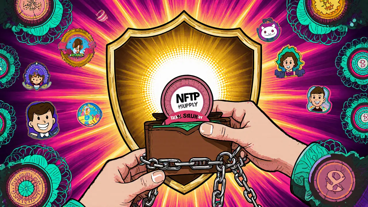 A wallet pulls out a worthless token as scam chains bind the wrist, protected by a Revoke.cash shield in colorful psychedelic art.