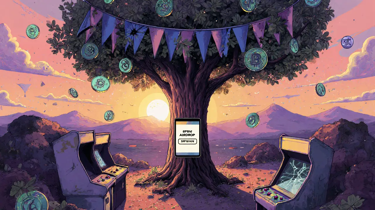 Abandoned blockchain gaming hub with fading SPWN token leaves under a lonely Solana tree at sunset.