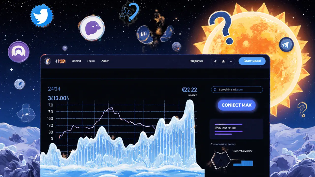 Abandoned crypto website with frozen chart and silent social icons in psychedelic cosmic setting.