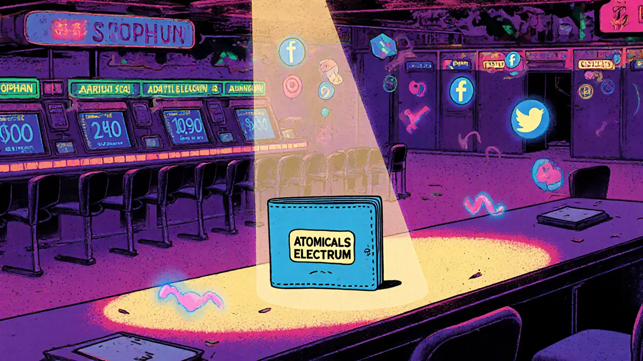 An empty crypto exchange counter with a lone Atomicals wallet and &#039;SOPHON: Market Cap <h2>Is SOPHON Worth It?</h2>&#039; on screen.