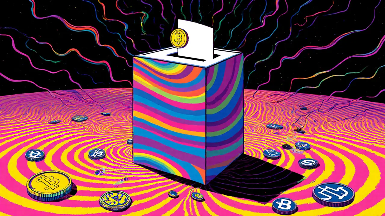 An empty neon voting booth holds a single BALN token in a psychedelic void.