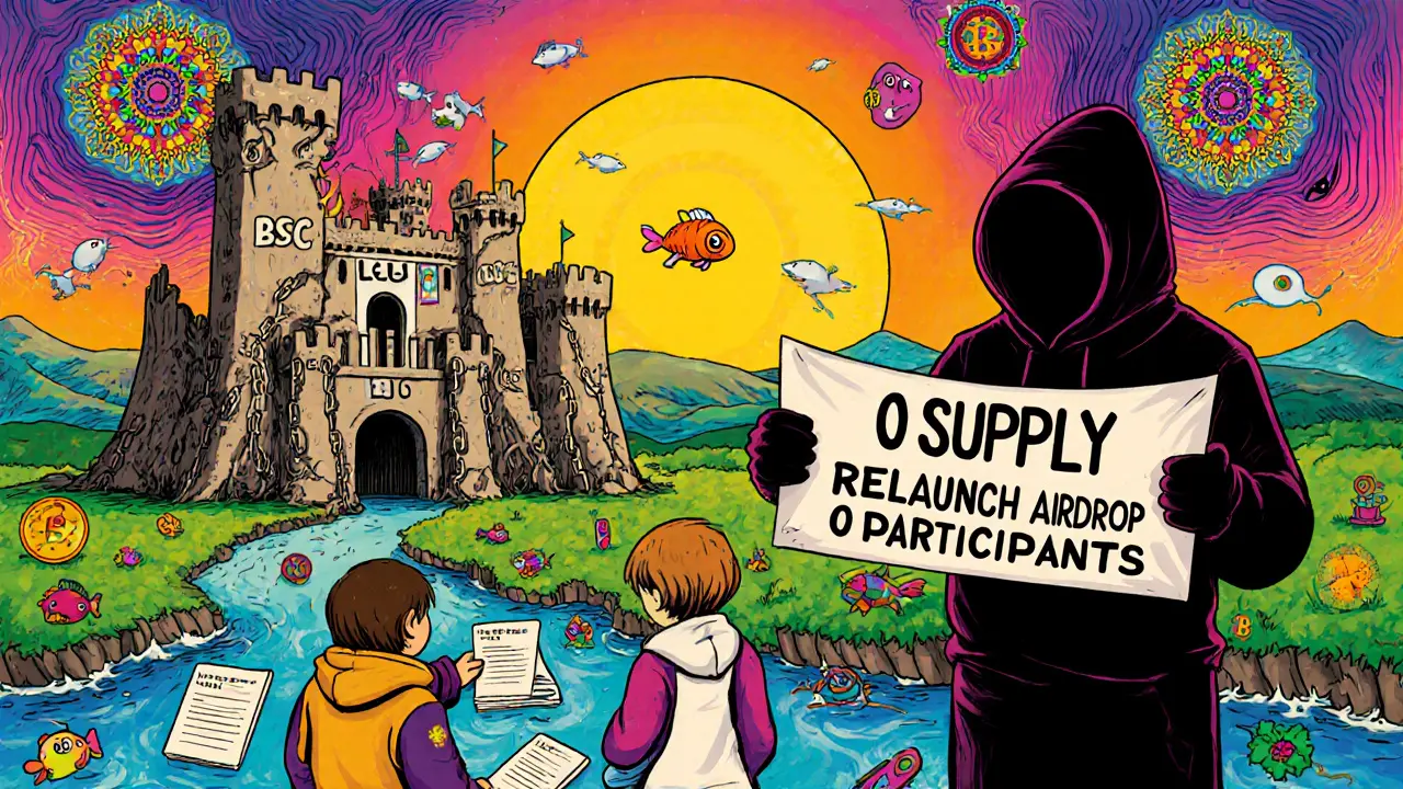 An empty token contract castle with users submitting forms to a shadowy figure.