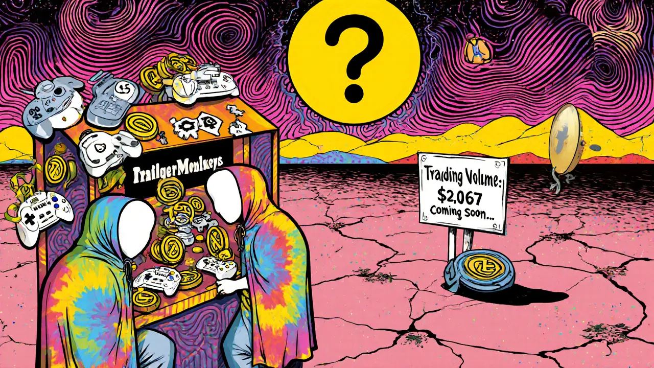 Anonymous traders exchanging FM Nodes in a surreal marketplace under a giant question mark, with low trading volume signs.