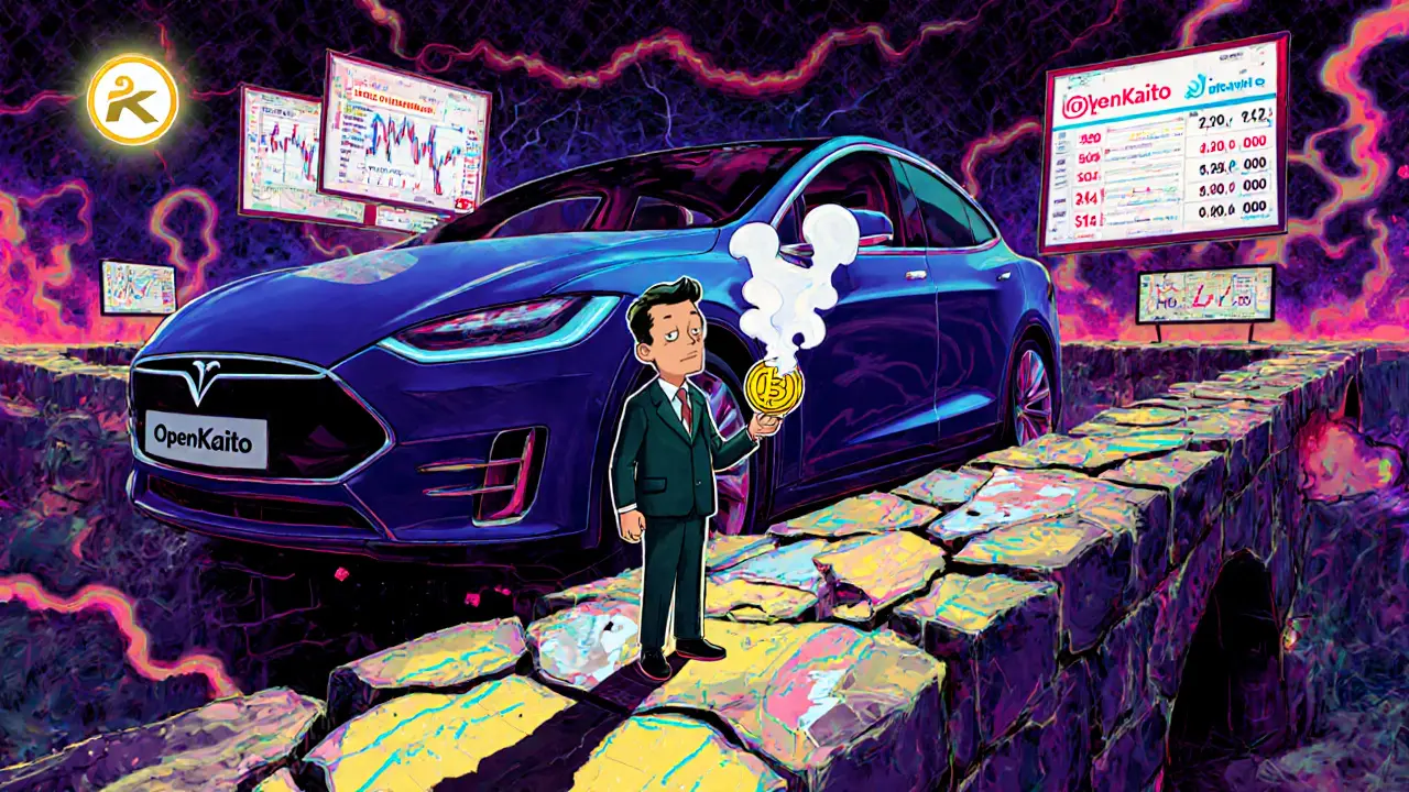 Confused investor watching a hollow Tesla-like car labeled OpenKaito dissolve into smoke