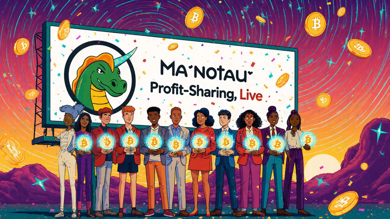 Crypto enthusiasts holding glowing TAUR NFTs under a cosmic billboard, with TAUR tokens raining down in psychedelic patterns.