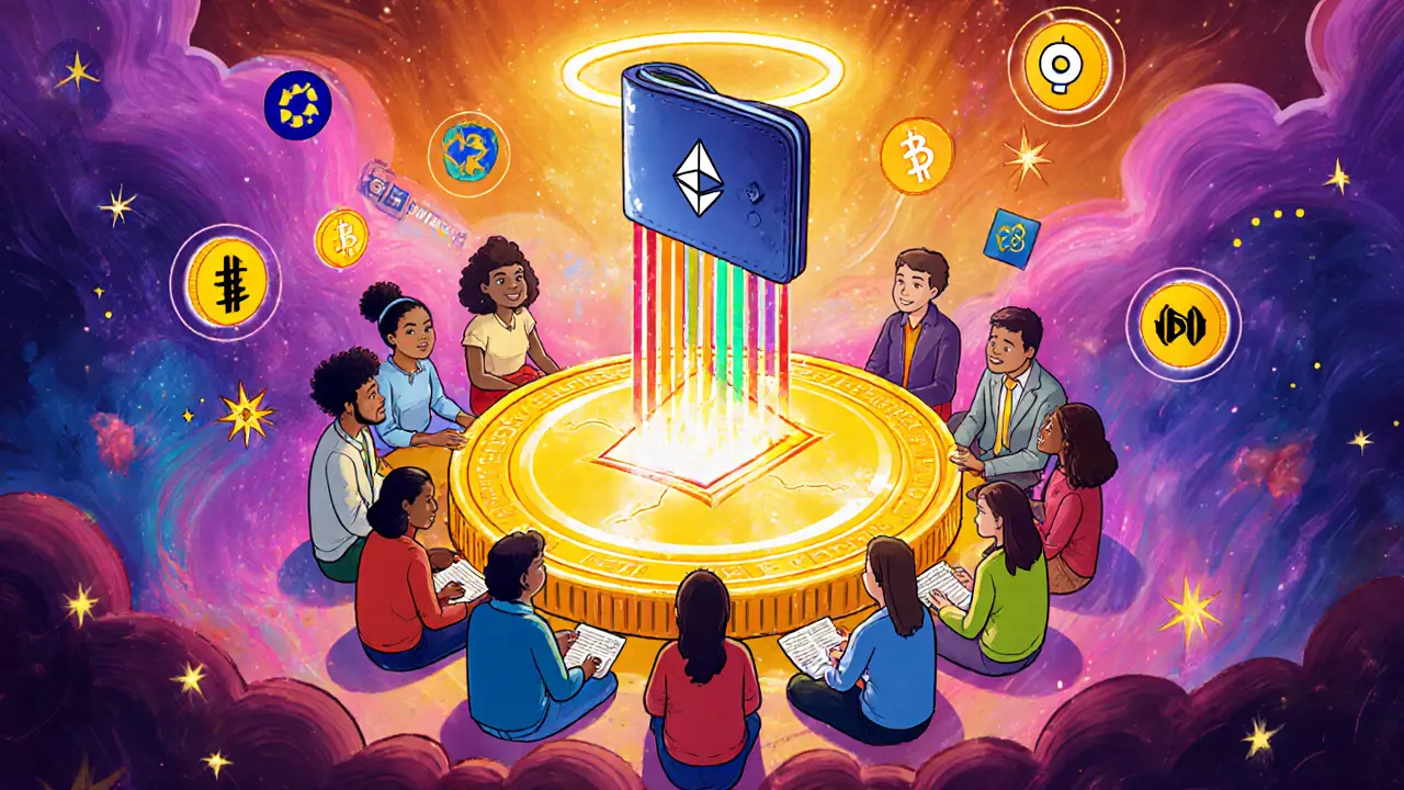 Diverse group gathered around a glowing DAO mandala token, exchanging energy streams as a wallet hovers like a halo.