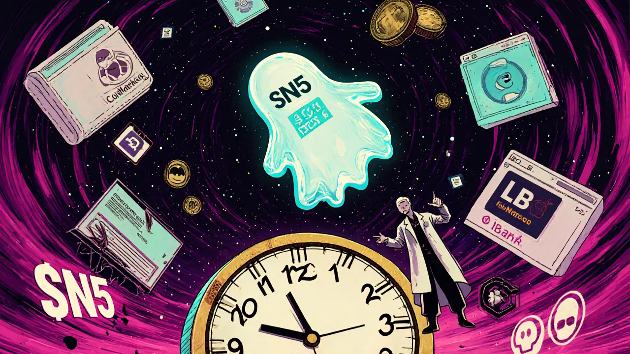 Ghostly SN5 coin drifting through empty wallets and broken tech logos in trippy colors