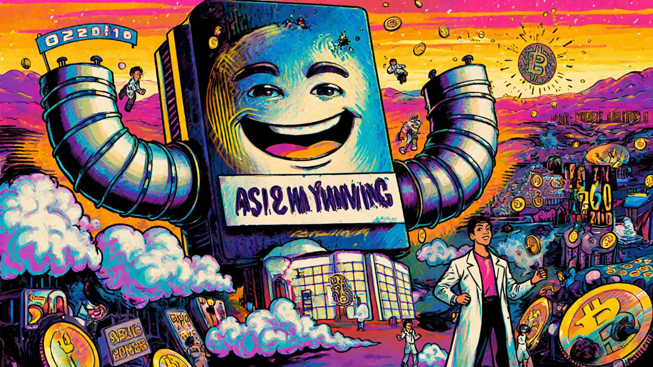 Giant ASIC miner holding halving banner amid cloud mining smoke and GPU miner