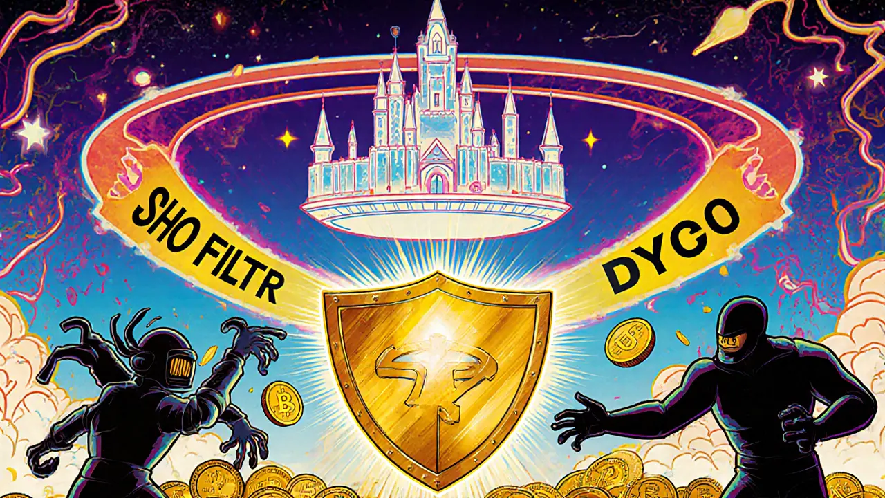 Glowing smart contract castle protected by a DYCO shield, repelling shadowy bots with a SHO filter force field.
