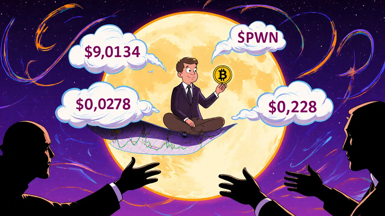 Investor on a crypto chart moon holding a tiny SPWN token as scammer shadows reach up in surreal Peter Max art.