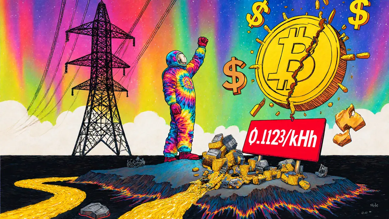 Miner on geothermal island with cheap electricity, facing crumbling grid tower