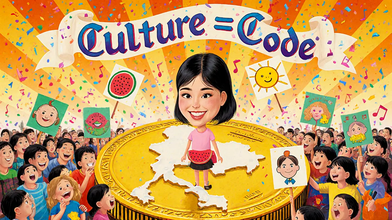 Moo Deng standing on a giant coin-shaped map of Thailand, surrounded by fans and floating NFT watermelons under a rainbow sky.