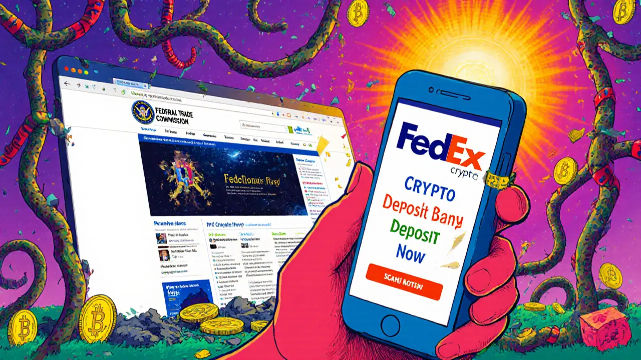 Person fooled by fake FedEx crypto ad, surrounded by bot comments, as the scam site crumbles into pixels.