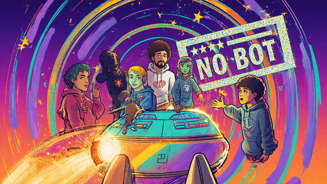 Real users trading on a rainbow DEX while bots vanish in glittering light