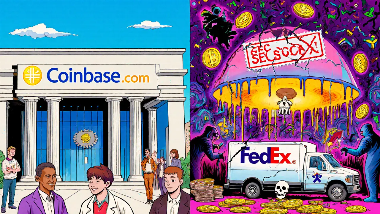 Split scene: legitimate Coinbase exchange vs. chaotic Fegdex scam site with stealing figures and SEC scam stamp.