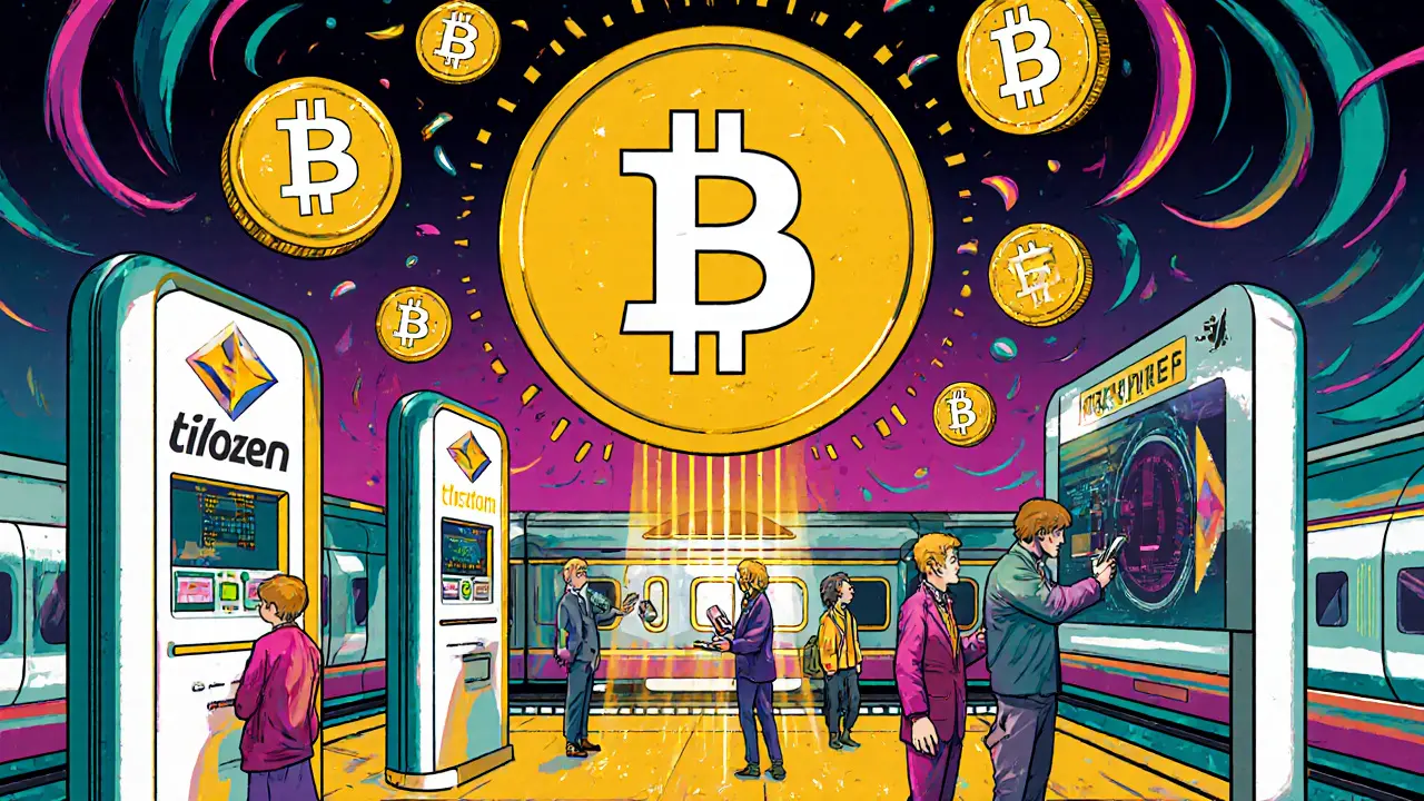 Swiss train station with passengers using Bitcoin kiosks and floating DLT tokens on holographic screens.