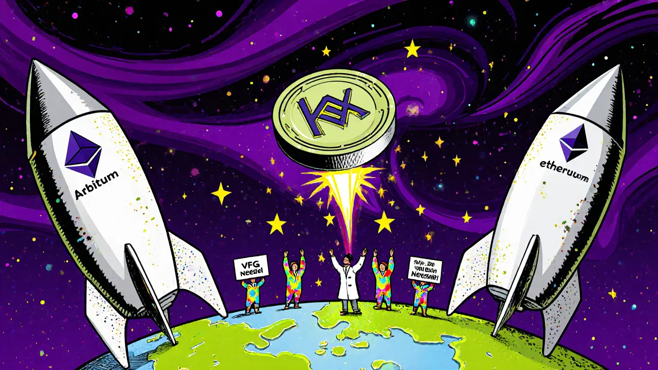 Tiny KIRA spaceship flying past giant Layer 2 rockets, with developers cheering on a moon base under cosmic swirls.