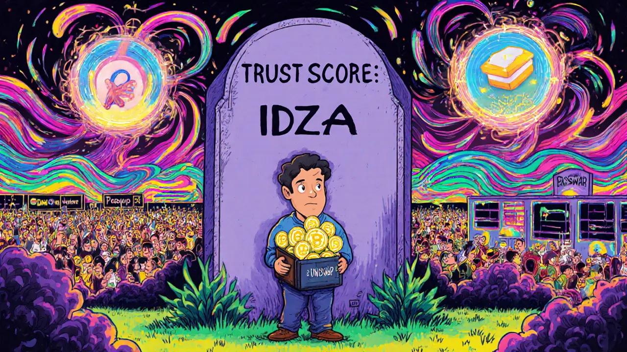 User holding worthless tokens beside a trust score tombstone, while other DEXs thrive in vibrant colors.