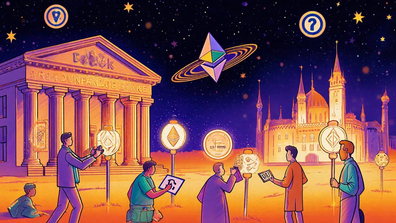 Zug skyline with bank buildings as crypto wallets and citizens staking Ethereum under glowing lanterns.