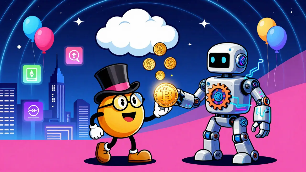 A Bitcoin mascot hands a coin to a neon robot as WBTC tokens burst into the air above DeFi apps.