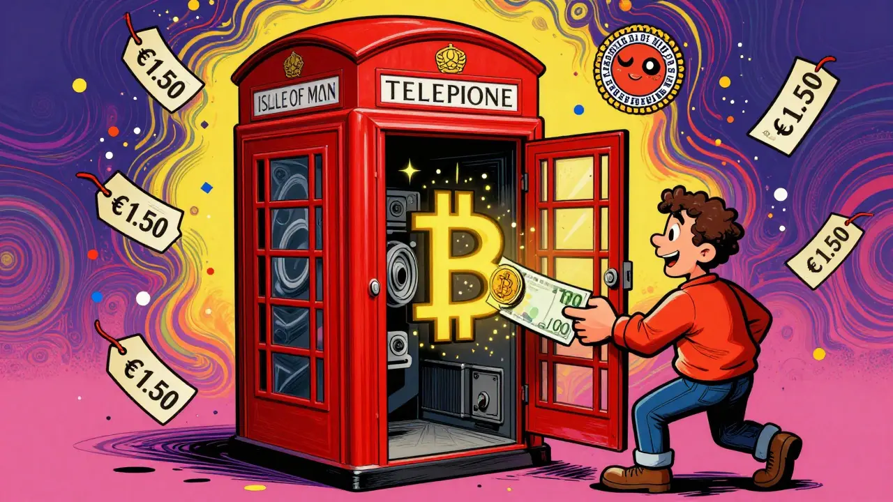 A Bitcoin vault shaped like a phone booth with a fixed €1.50 fee tag, glowing in vibrant 1960s-style colors.
