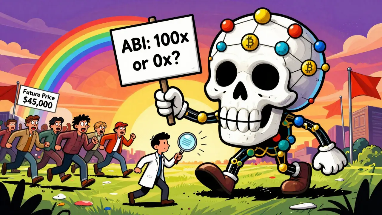 A blockchain skull holding a sign about ABI&#039;s fate, with people chasing a disappearing price rainbow.