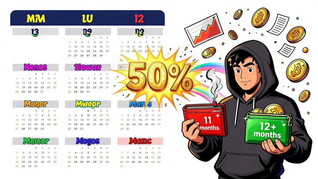 A calendar shows the 12-month crypto hold period glowing with a 50% discount explosion.
