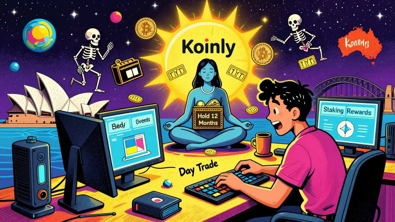A chaotic trading desk contrasts with a calm hold investor under a glowing Koinly sun.