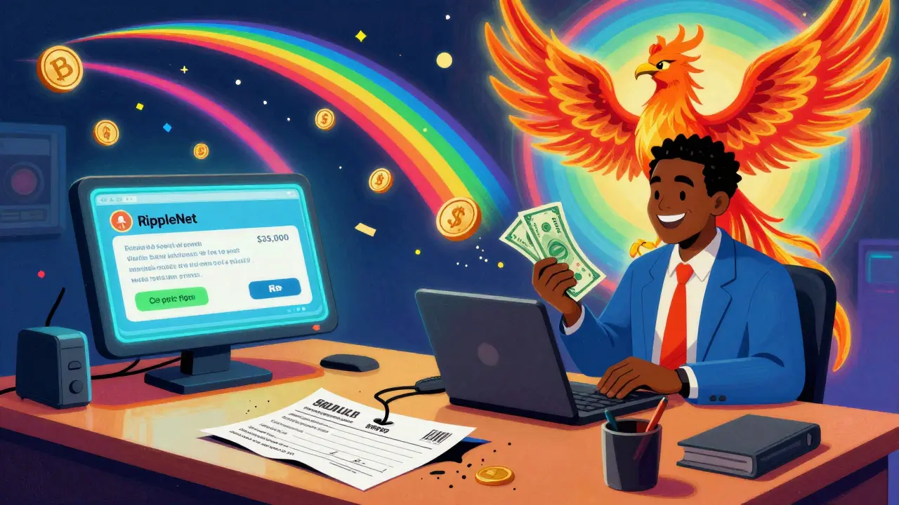 A desk with old bank forms disintegrating as glowing stablecoins rain down and costs plummet in rainbow arcs.