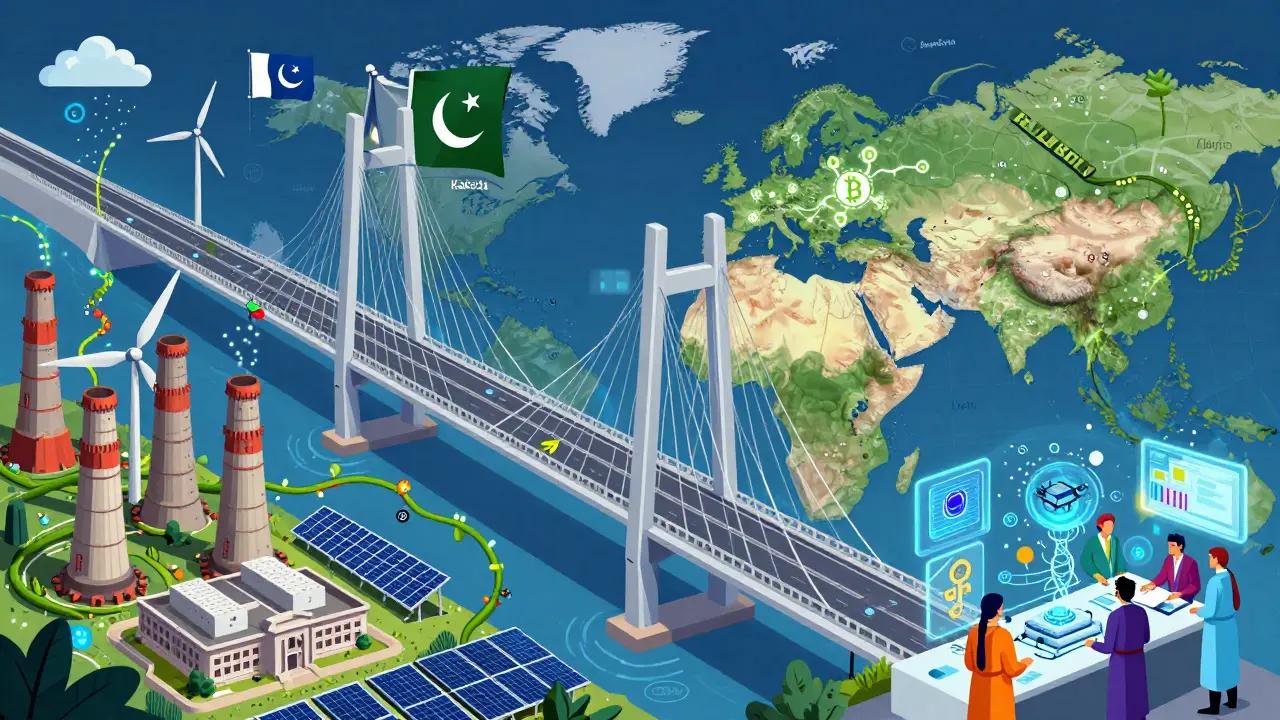 A digital bridge connects Pakistan to global tech hubs with glowing data streams and renewable energy elements.