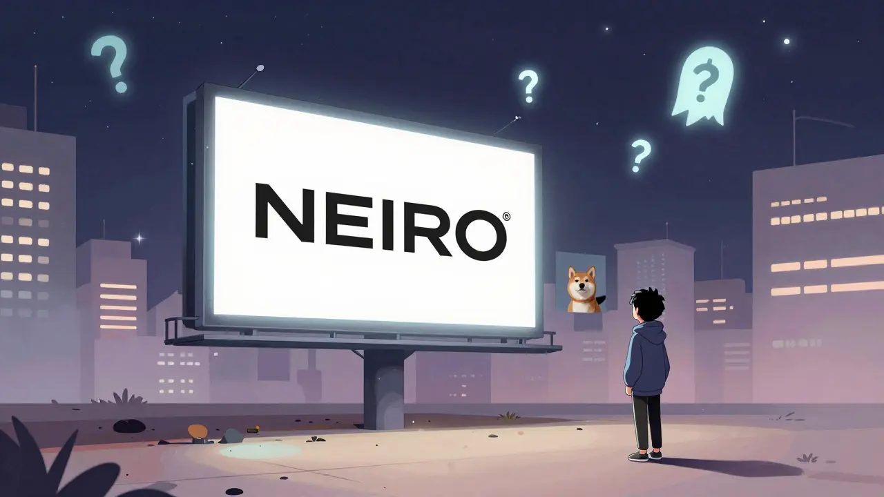 A faded NEIRO billboard in a deserted city with a photo of Kabosu, under a starry sky filled with question marks.